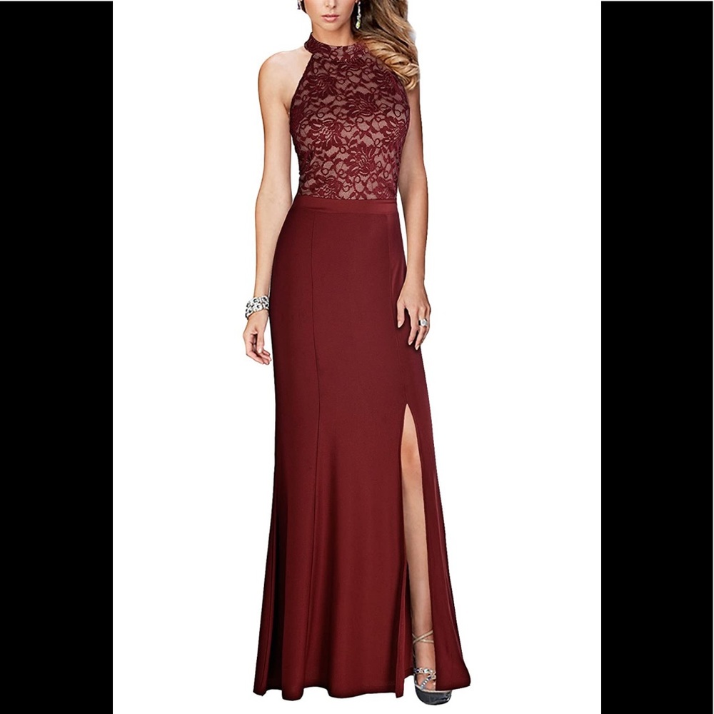 Burgundy REPHYLLIS Halter Gown with Lace.  Formal, Prom Dress, Wedding XXL